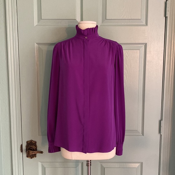 ST. JOHN royal purple high neck blouse with covered buttons & ruffle detail - Picture 9 of 12